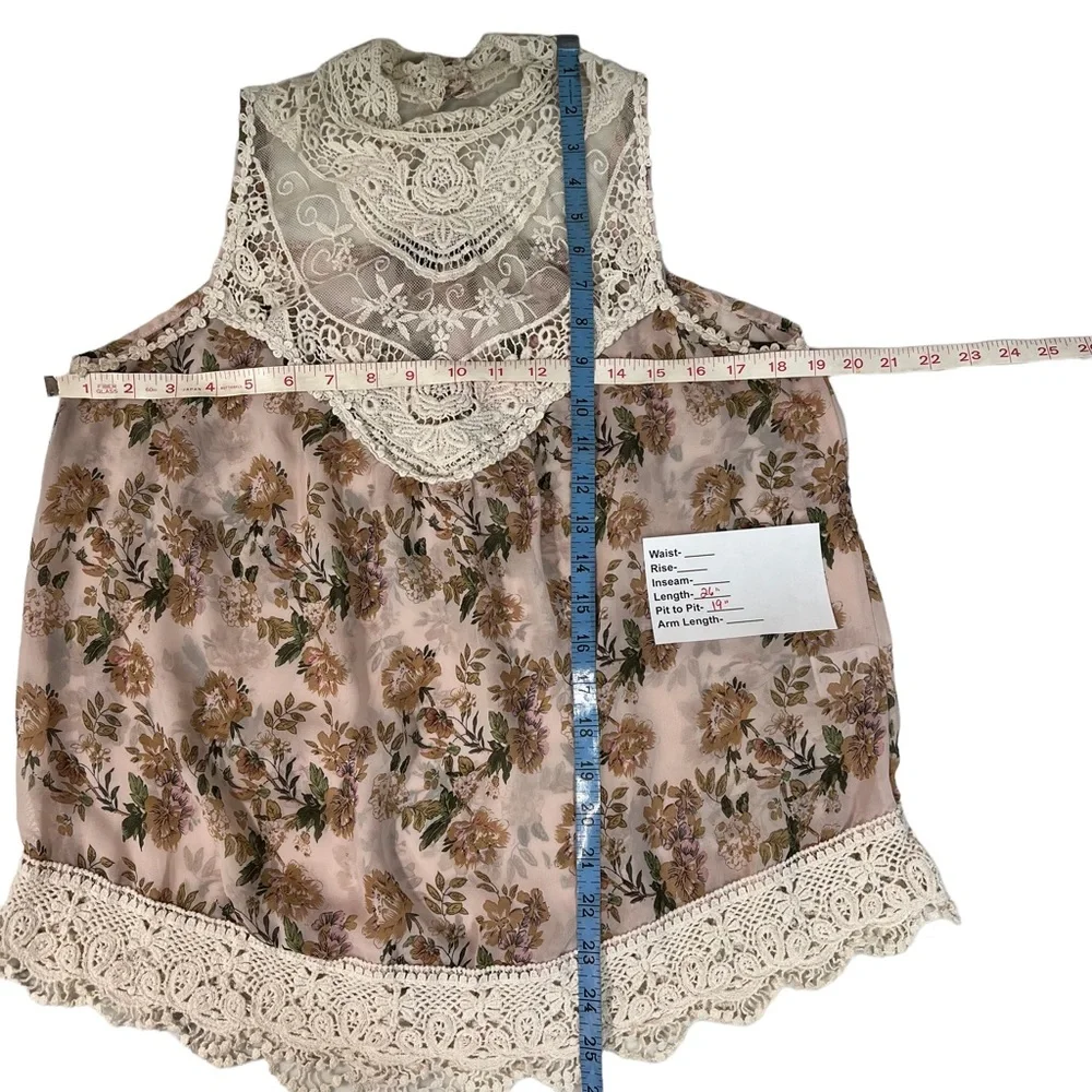 HONEY PUNCH Blouse Size M Crochet Lace Trim Mesh Pink Green Sheer High neck - Picture 7 of 8